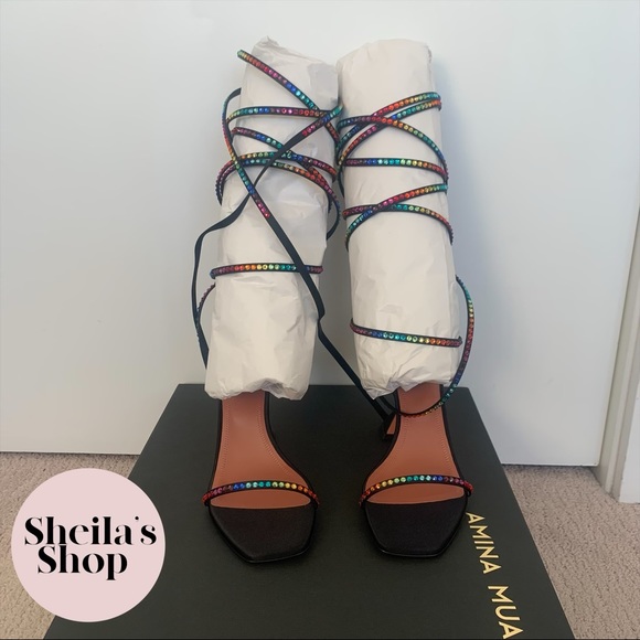 NIB Amina Muaddi x AWGE LSD Rainbow Crystal Satin Gladiator Sandals Size 37 - Picture 2 of 9